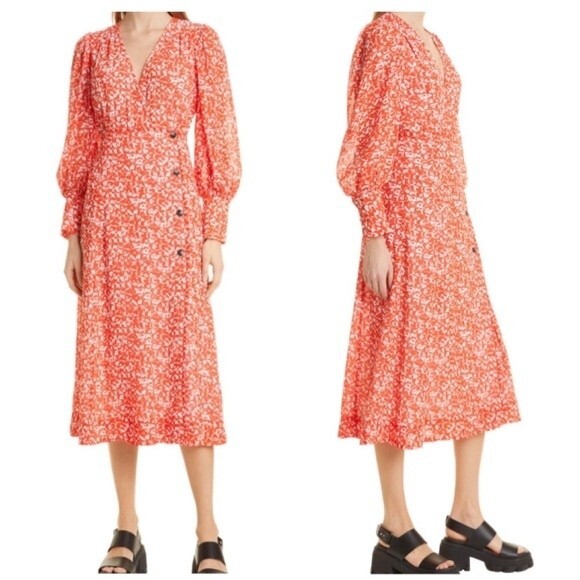 Ganni Dresses & Skirts - NWT Ganni Dress Abstract Floral Orange Dot Crepe Midi Size 2